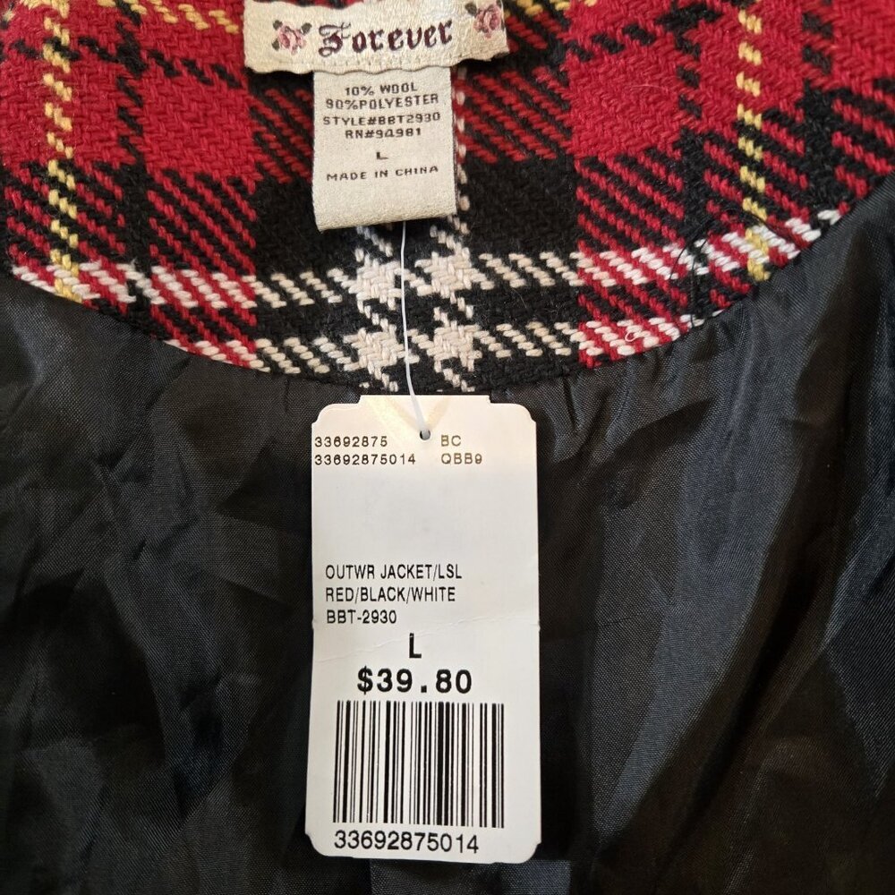 Forever 21 Wool Blend Plaid Button Up Pea Coat Large‎ Red Black White Gold NWT - Picture 5 of 8